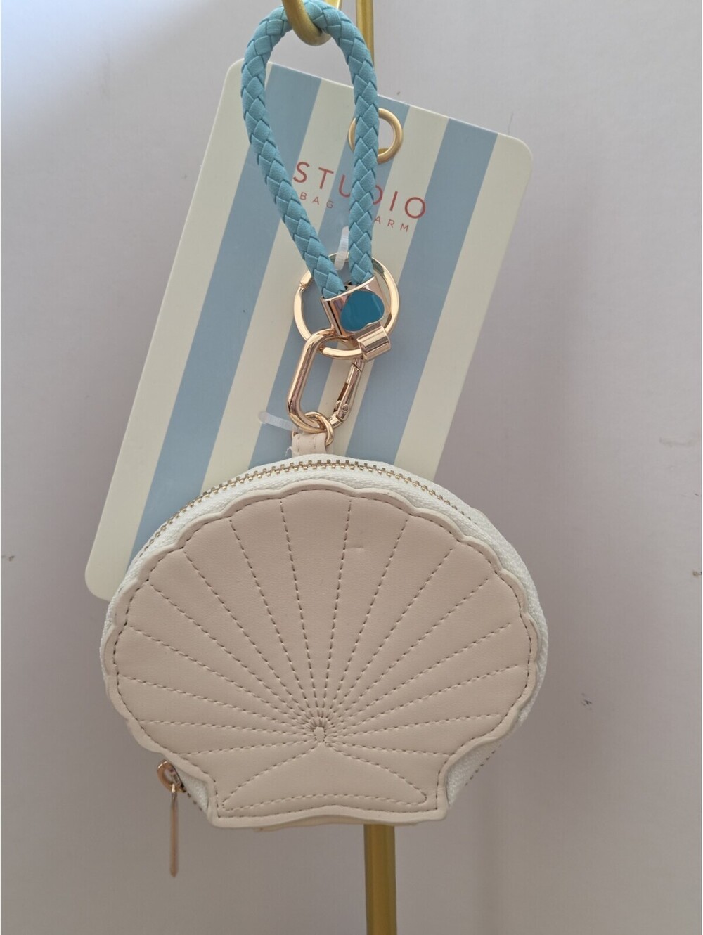 Studio Bag Charm Seashell Coin Purse White Blue Braided Wristlet Keychain NWT